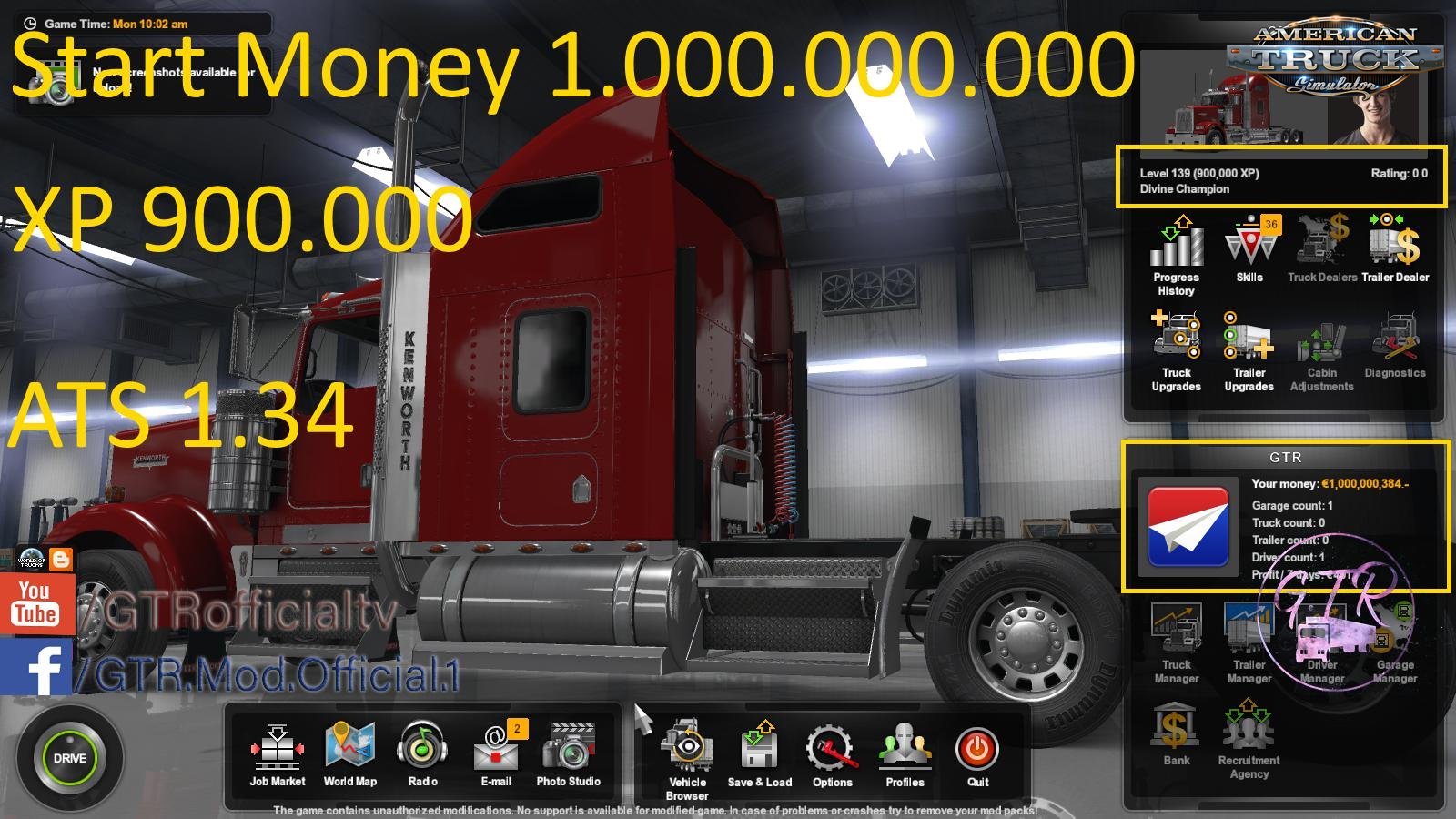 Start Money and XP for ATS (1.34.x)